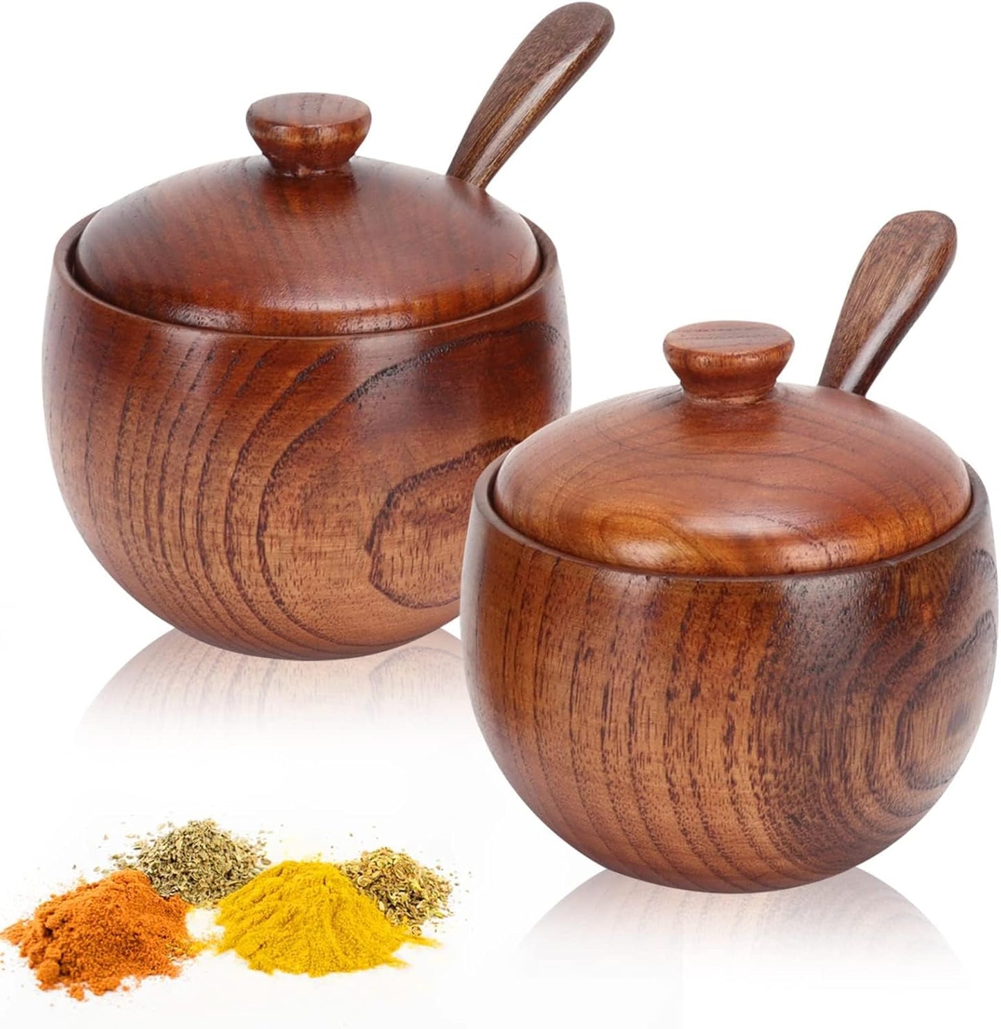 2 Pack Sugar Bowl with Lid and Spoon, Coffee Container Set Wooden Condiment Pot Decorative Storage Seasoning V1259-DP01-A-702