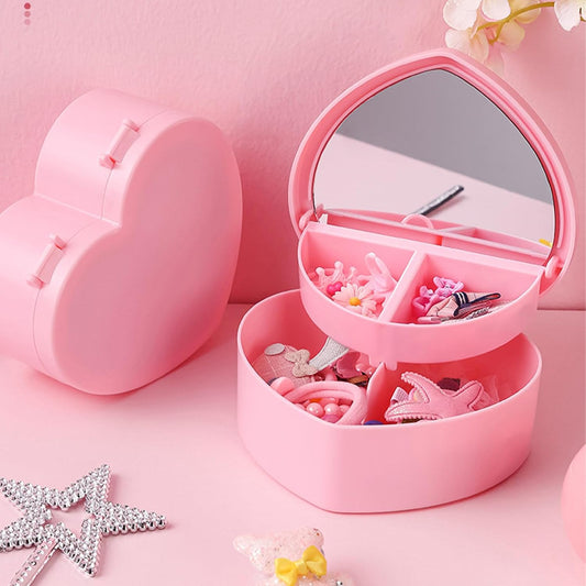 Girls Jewelry Box, 2 Layer Holder Organizer Heart Shape Portable Case with Mirror Travel for Earrings Rings V1259-DP01-A-723
