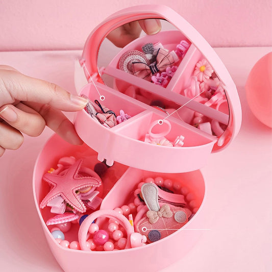Girls Jewelry Box, 2 Layer Holder Organizer Heart Shape Portable Case with Mirror Travel for Earrings Rings V1259-DP01-A-723
