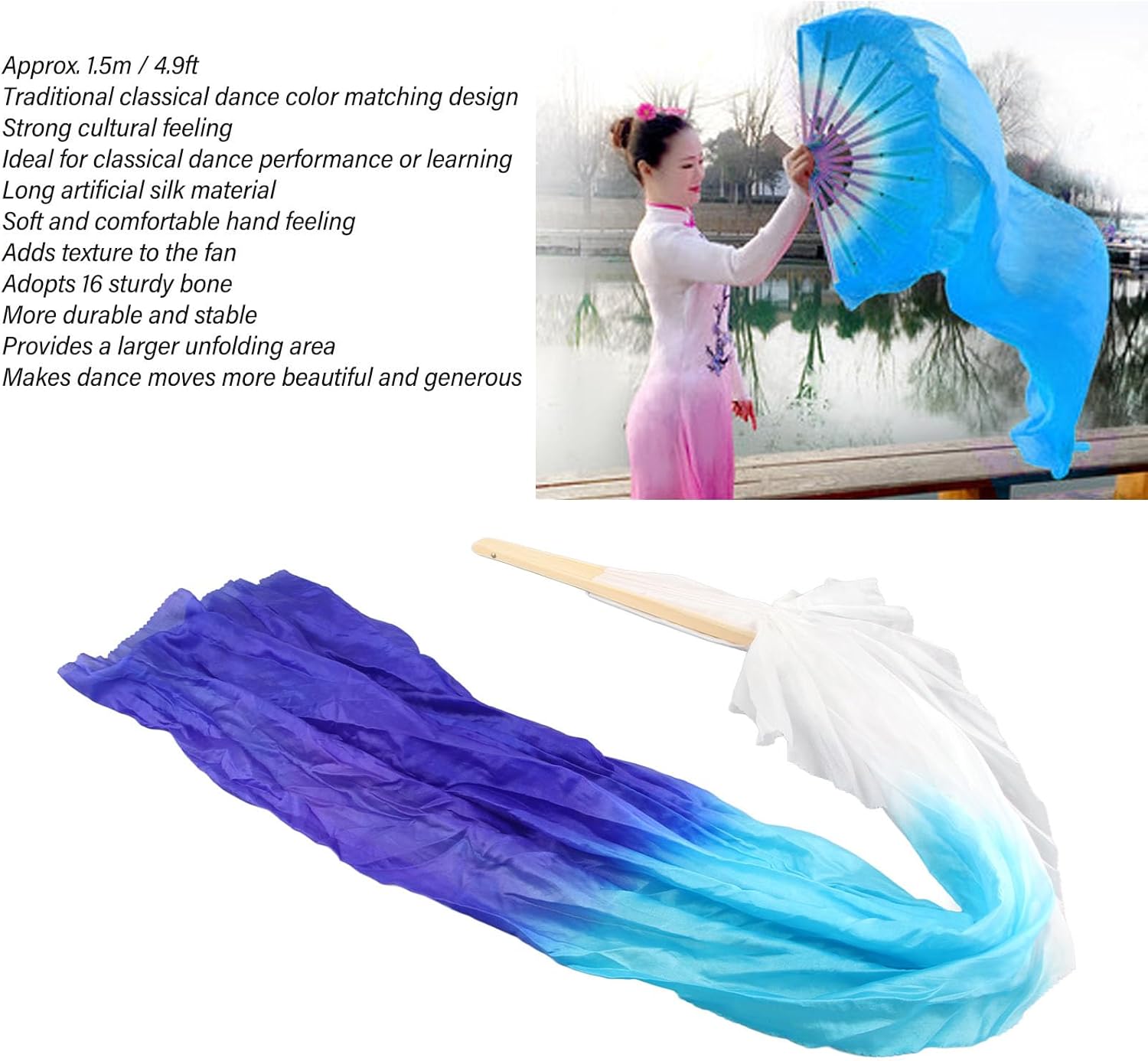 Dance Fan, 1 Pair Long Fan Belly Fans Folding Performance Classical (Blue) V1259-DP01-A-741