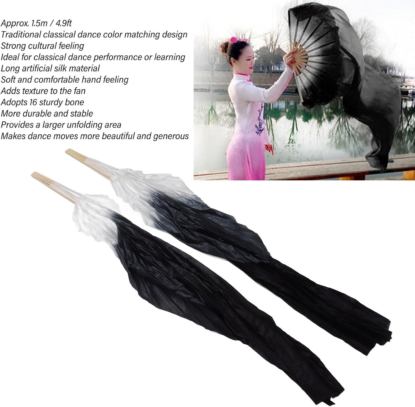 Dance Fan, 1 Pair Long Fan Belly Fans Folding Performance Classical (Black) V1259-DP01-A-742