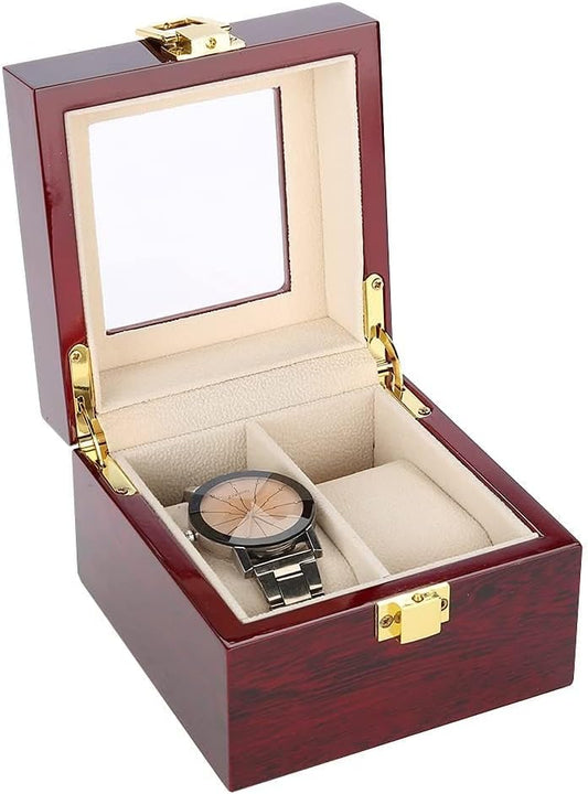 Wooden Watch Box, 2 Slots Storage Case Organizer Beige Soft Flannel Lining Red Box for Men with Clear Lid V1259-DP01-A-785