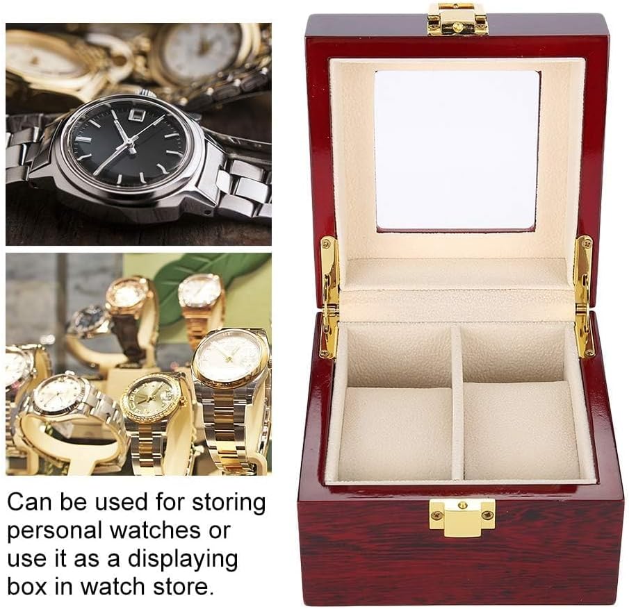 Wooden Watch Box, 2 Slots Storage Case Organizer Beige Soft Flannel Lining Red Box for Men with Clear Lid V1259-DP01-A-785