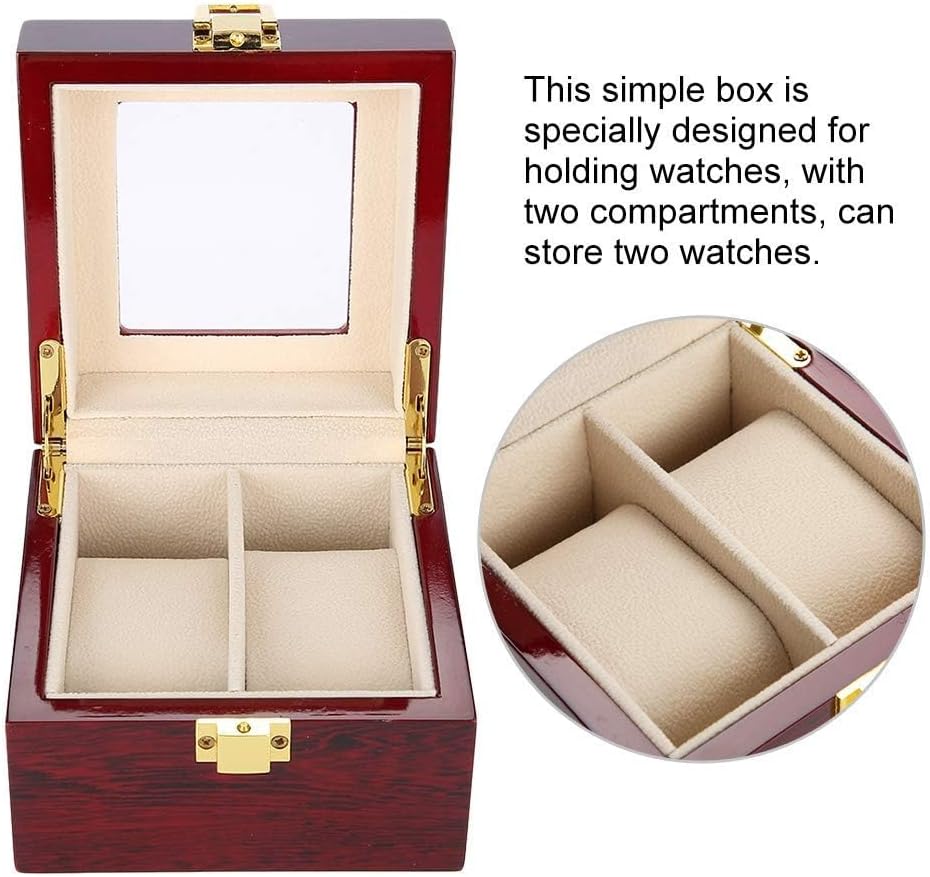 Wooden Watch Box, 2 Slots Storage Case Organizer Beige Soft Flannel Lining Red Box for Men with Clear Lid V1259-DP01-A-785