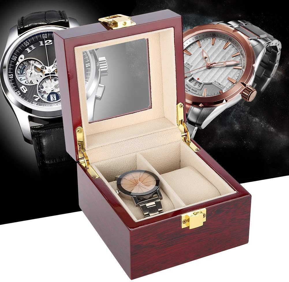 Wooden Watch Box, 2 Slots Storage Case Organizer Beige Soft Flannel Lining Red Box for Men with Clear Lid V1259-DP01-A-785
