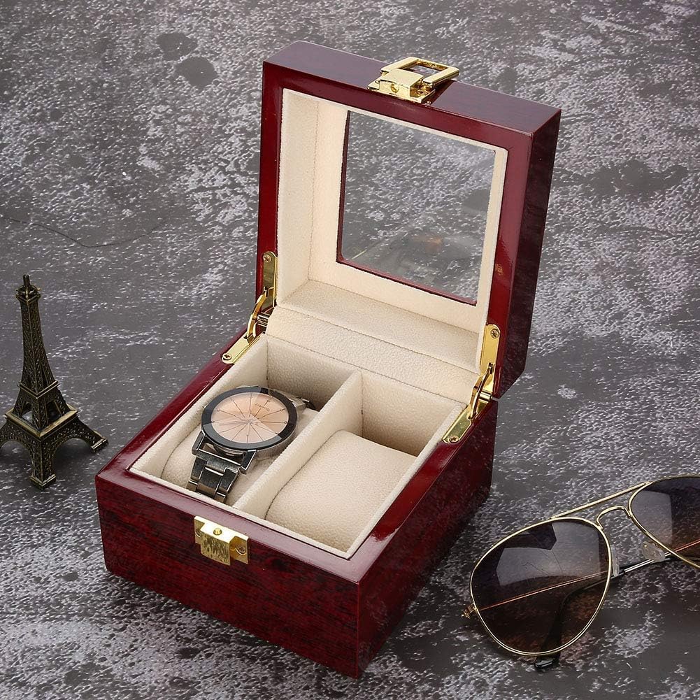 Wooden Watch Box, 2 Slots Storage Case Organizer Beige Soft Flannel Lining Red Box for Men with Clear Lid V1259-DP01-A-785