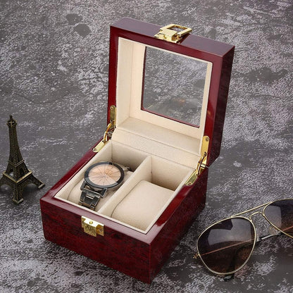 Wooden Watch Box, 2 Slots Storage Case Organizer Beige Soft Flannel Lining Red Box for Men with Clear Lid V1259-DP01-A-785