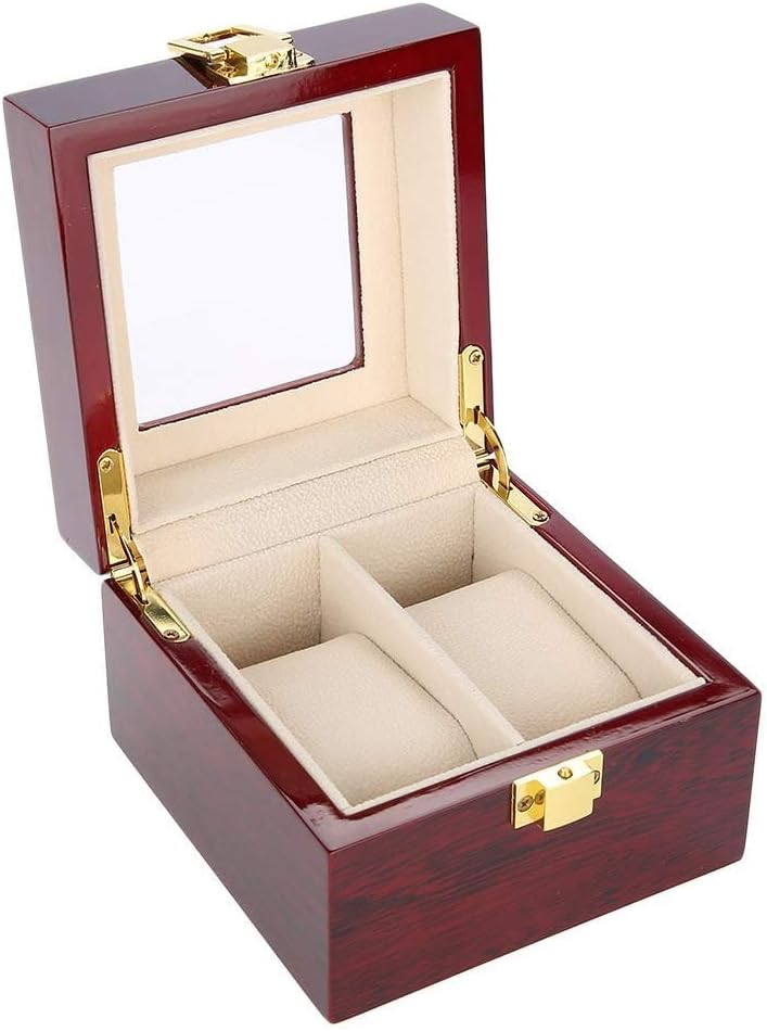 Wooden Watch Box, 2 Slots Storage Case Organizer Beige Soft Flannel Lining Red Box for Men with Clear Lid V1259-DP01-A-785