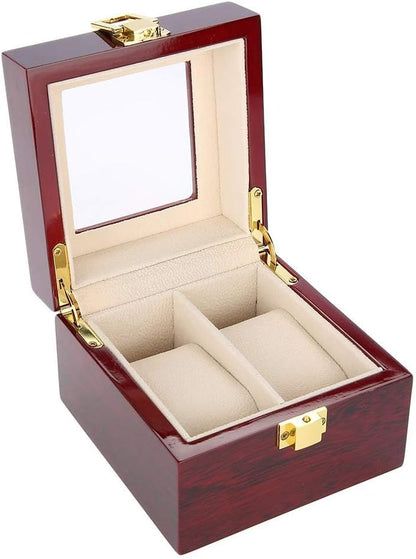 Wooden Watch Box, 2 Slots Storage Case Organizer Beige Soft Flannel Lining Red Box for Men with Clear Lid V1259-DP01-A-785