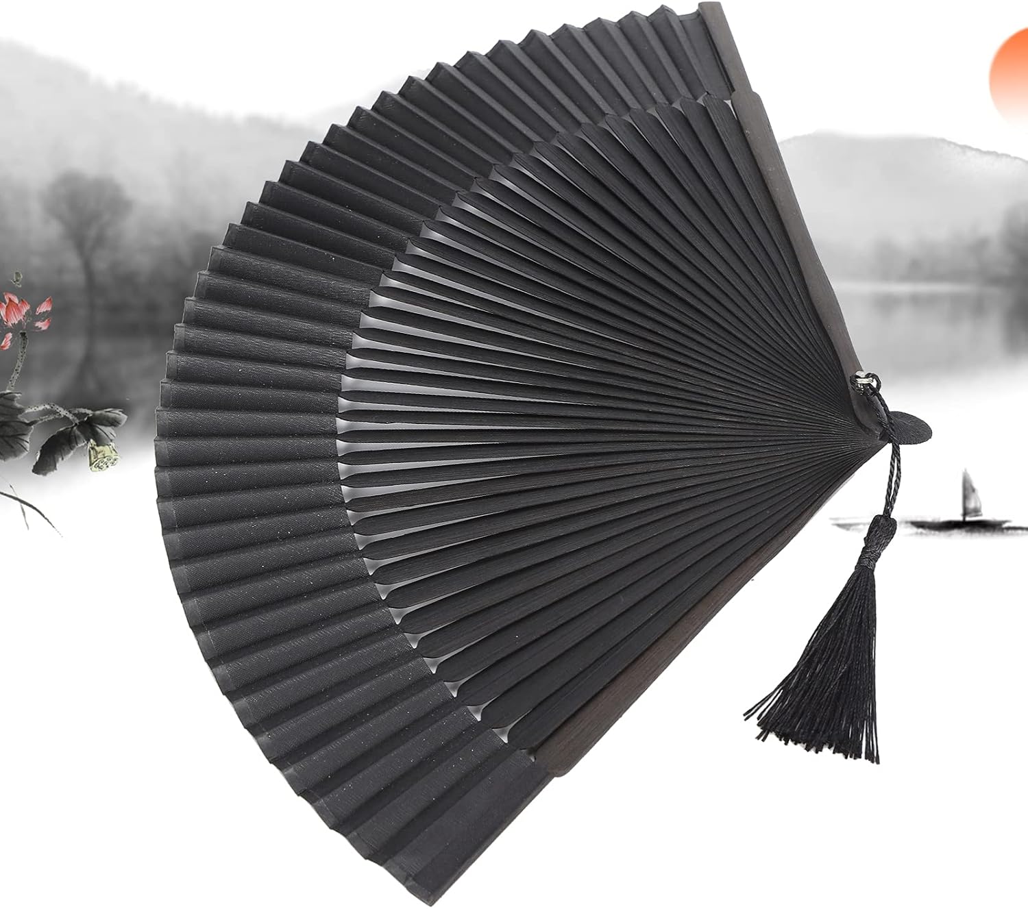 Hand Fans for Women Foldable, Black Folding Fan with Gift Box Silk Bamboo Frames Cosplay Party Props V1259-DP01-A-796