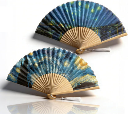 Foldable Hand Fan, 2PCS Held Silk Folding Fan Chinese Handheld with Frames Decorative Starry Night Pattern V1259-DP01-A-804