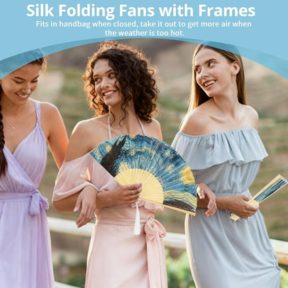 Foldable Hand Fan, 2PCS Held Silk Folding Fan Chinese Handheld with Frames Decorative Starry Night Pattern V1259-DP01-A-804