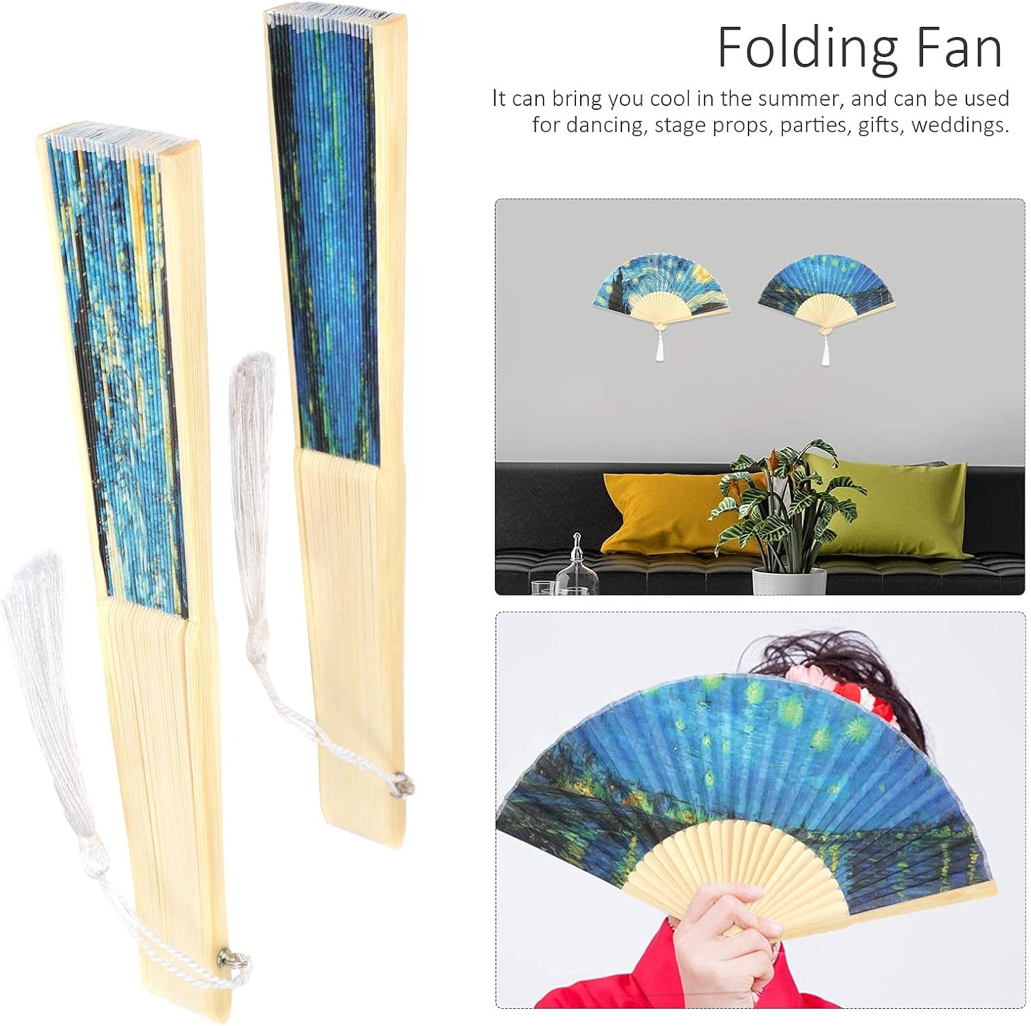 Foldable Hand Fan, 2PCS Held Silk Folding Fan Chinese Handheld with Frames Decorative Starry Night Pattern V1259-DP01-A-804