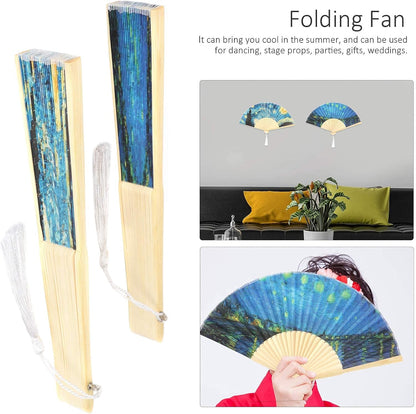 Foldable Hand Fan, 2PCS Held Silk Folding Fan Chinese Handheld with Frames Decorative Starry Night Pattern V1259-DP01-A-804