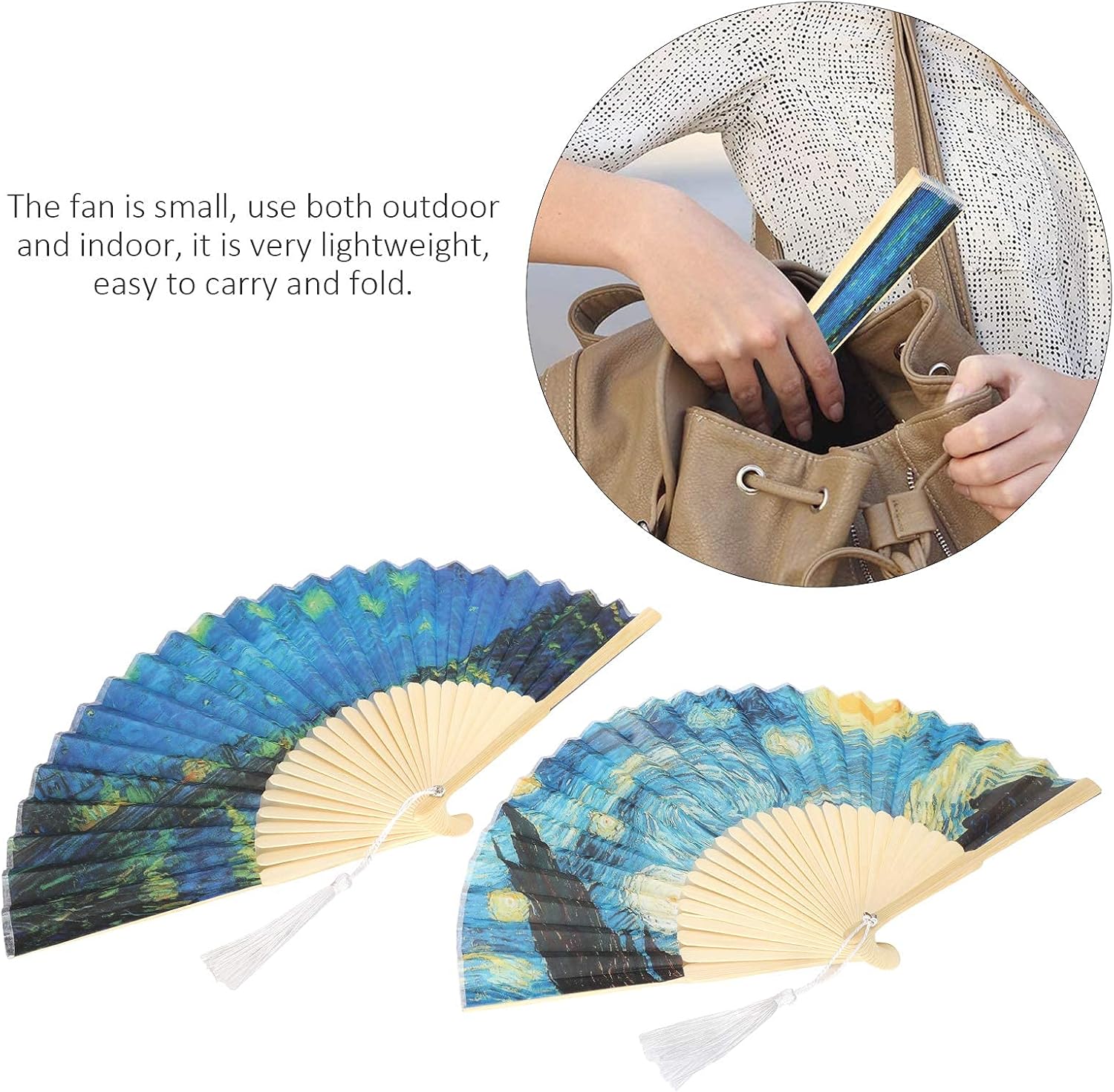 Foldable Hand Fan, 2PCS Held Silk Folding Fan Chinese Handheld with Frames Decorative Starry Night Pattern V1259-DP01-A-804