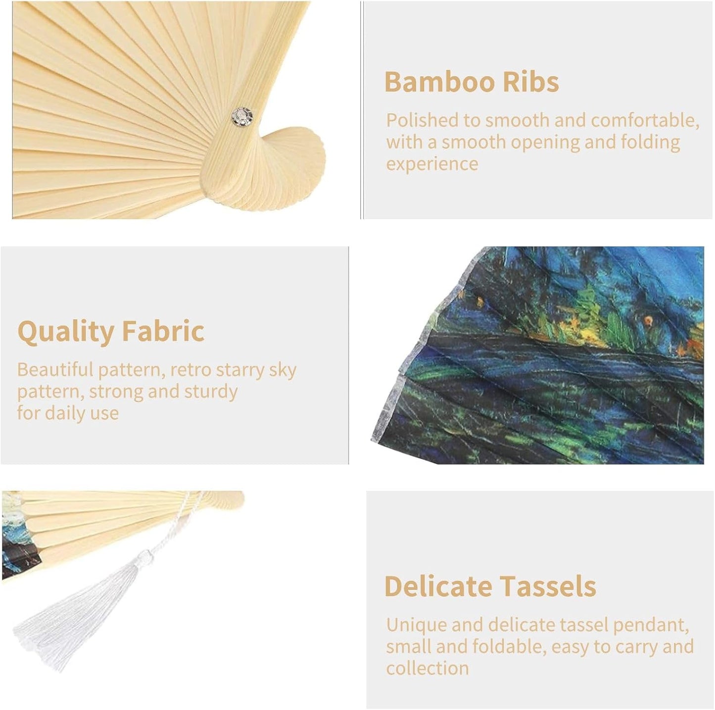 Foldable Hand Fan, 2PCS Held Silk Folding Fan Chinese Handheld with Frames Decorative Starry Night Pattern V1259-DP01-A-804