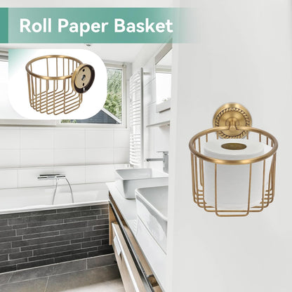 Brass Toilet Paper Holder, Wall Mounted Holder Vintage Bathroom Roll Basket Antique Tissue Storage for V1259-DP01-A-814