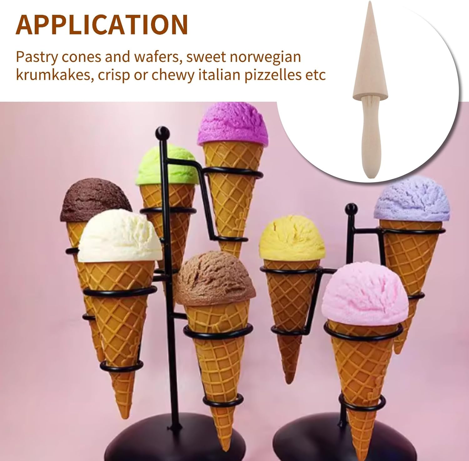 Ice Cream Cone Mold, Reusable Wooden Horn Mold 9.1in Waffle Roller Pizzelle for Kitchen Cooking and Baking V1259-DP01-A-827