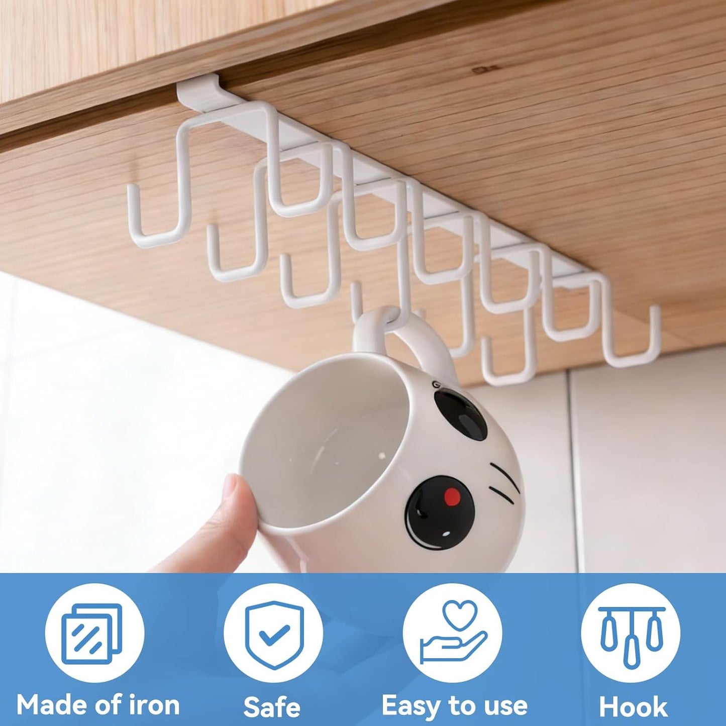 Mug Hooks Under Cabinet, Coffee Cup Cabinet No Drilling Hanger Hanging Cups Organizer for Kitchen Utensil V1259-DP01-A-841