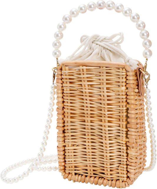 Pearl Basket Purse, Handwoven Rattan Beach Bag For Women, Rectangular Wicker Handbag, Vintage Summer Straw V1259-DP01-A-856