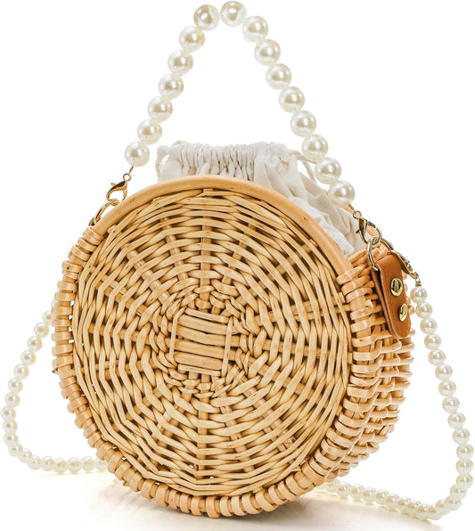 Round Rattan Bag, 8" Hand-woven Wicker Basket Purse, Boho Crossbody Handbag With Pearl Strap Handle, Retro V1259-DP01-A-857