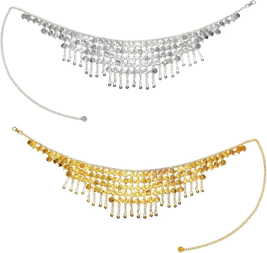 2 Pack Belly Dance Hip Scarf Belt, Dangling Coins Bellys Dancing Skirt, Dancer Bottoms Halloween Costume V1259-DP01-A-863