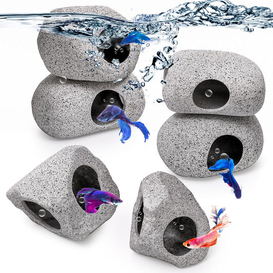 6 Pack Aquarium Decoration Rock Caves, Betta Fish Tank Hideaway, Hideout Stones House Decor for Cichlid V1259-DP01-A-869