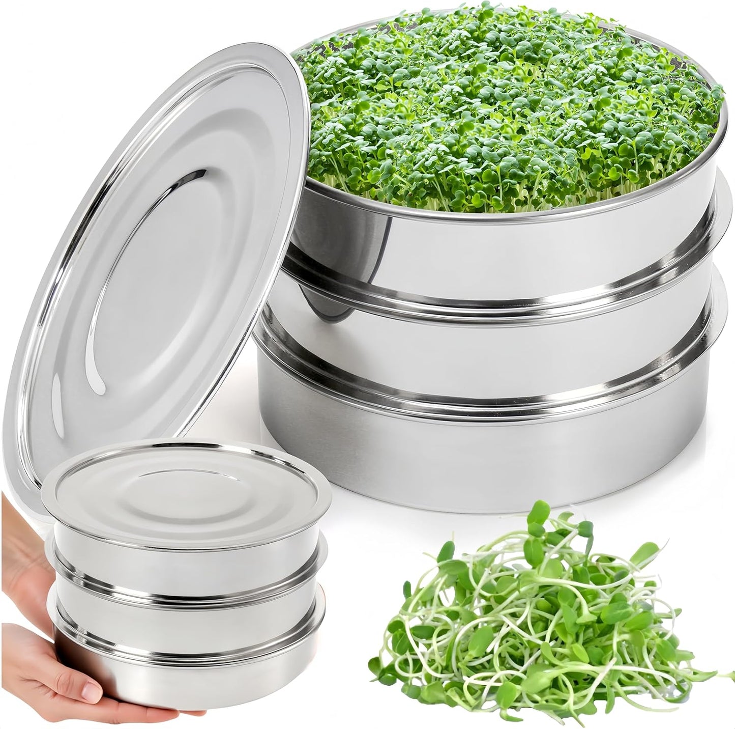 9" Stackable Stainless Steel Seed Sprouting Kit, 3-Tier Mesh Germination Tray, Sprout Grower with Lid Base, V1259-DP01-A-872