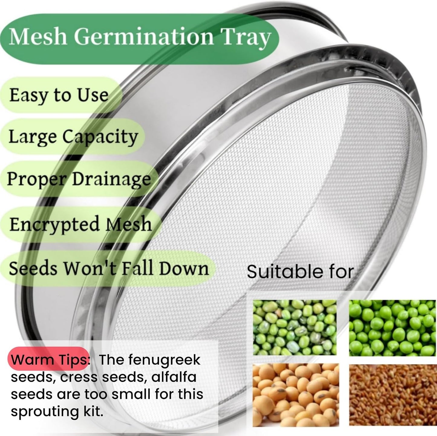 9" Stackable Stainless Steel Seed Sprouting Kit, 3-Tier Mesh Germination Tray, Sprout Grower with Lid Base, V1259-DP01-A-872