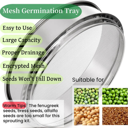 9" Stackable Stainless Steel Seed Sprouting Kit, 3-Tier Mesh Germination Tray, Sprout Grower with Lid Base, V1259-DP01-A-872