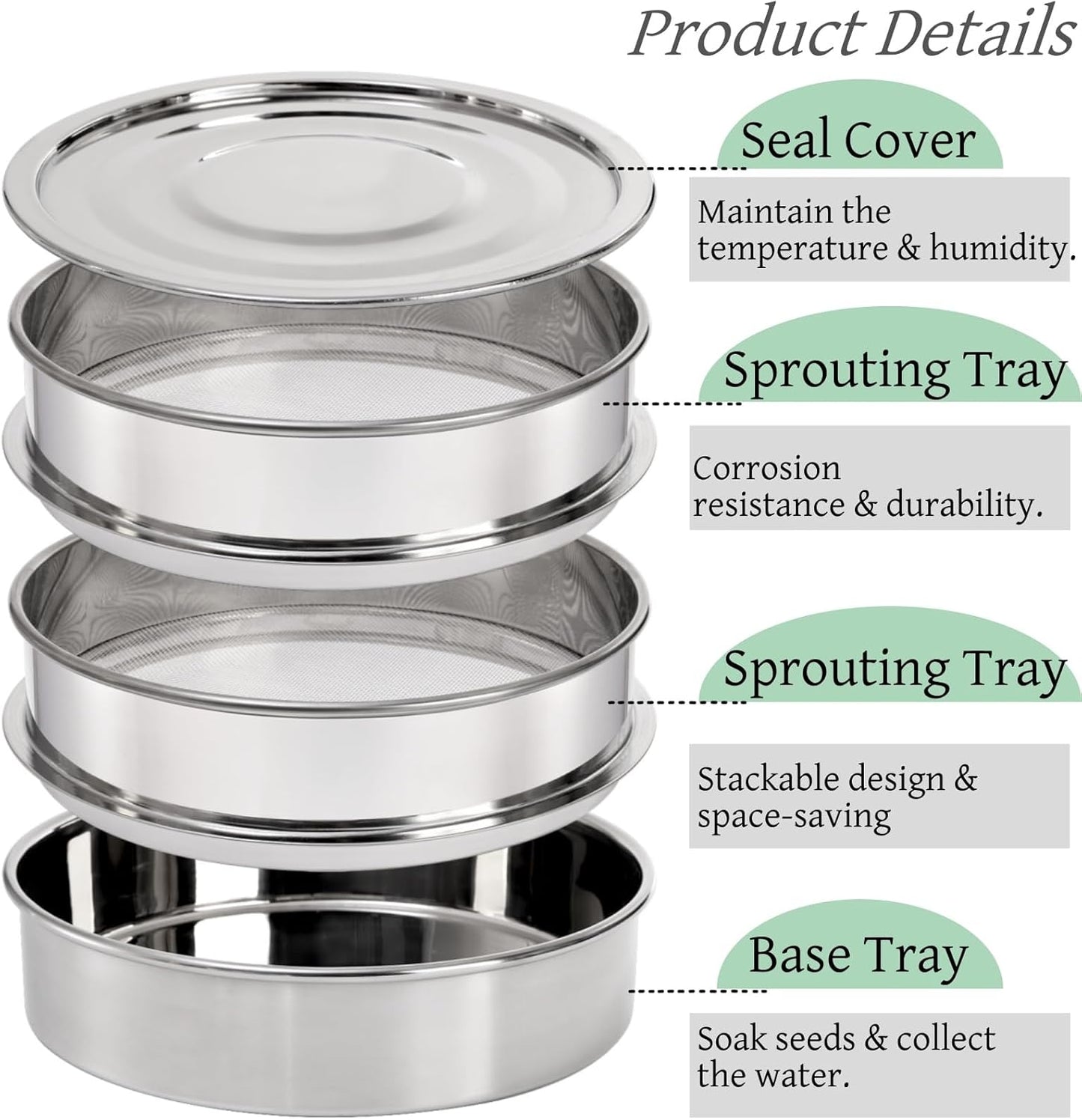 9" Stackable Stainless Steel Seed Sprouting Kit, 3-Tier Mesh Germination Tray, Sprout Grower with Lid Base, V1259-DP01-A-872