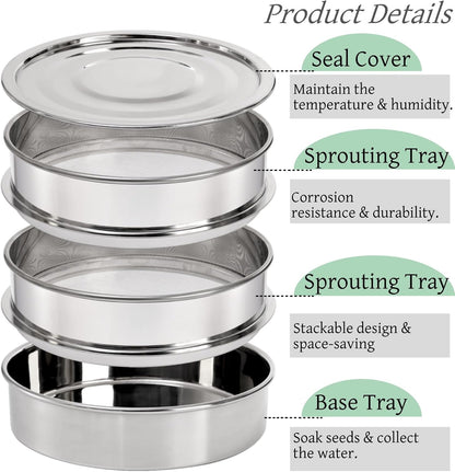 9" Stackable Stainless Steel Seed Sprouting Kit, 3-Tier Mesh Germination Tray, Sprout Grower with Lid Base, V1259-DP01-A-872