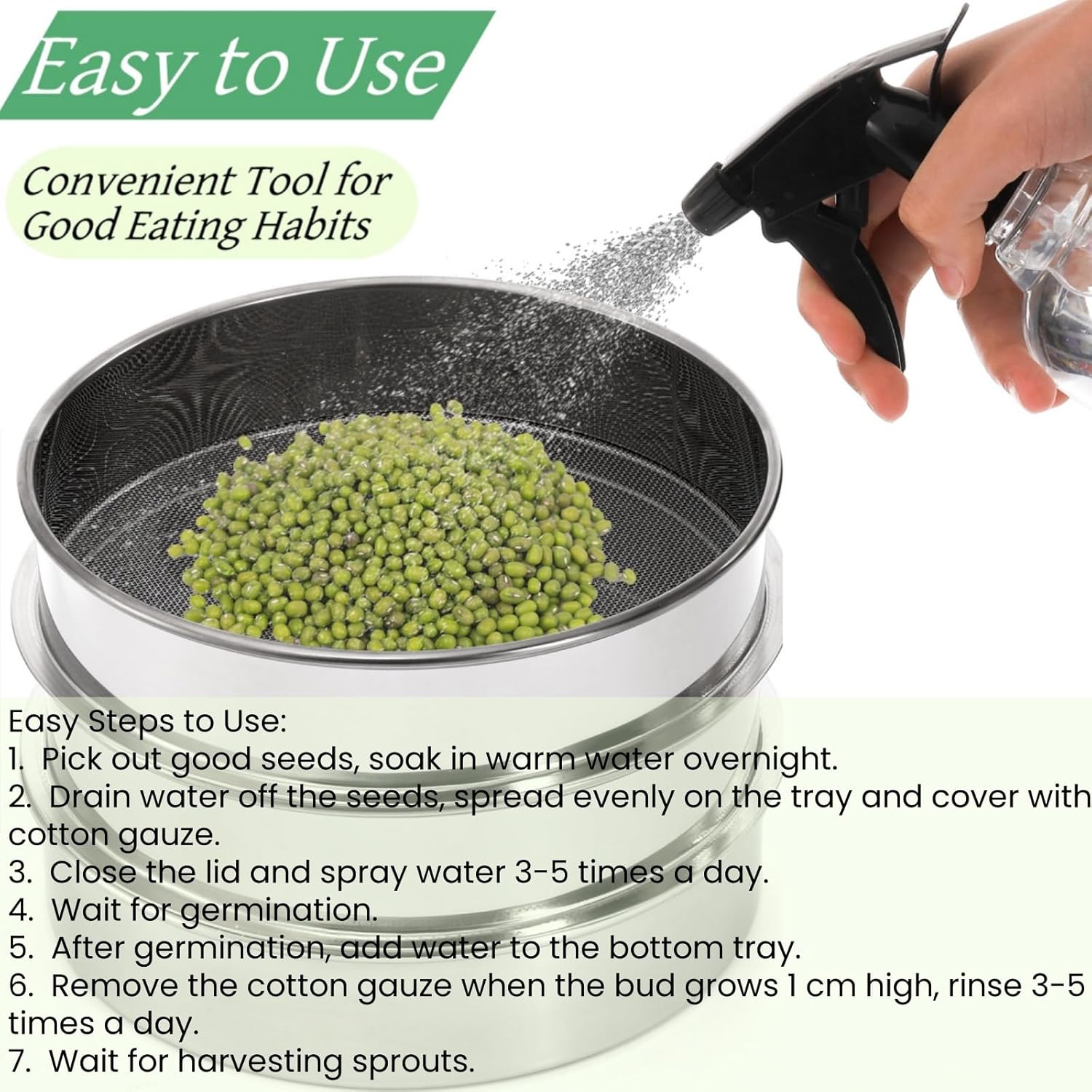 9" Stackable Stainless Steel Seed Sprouting Kit, 3-Tier Mesh Germination Tray, Sprout Grower with Lid Base, V1259-DP01-A-872