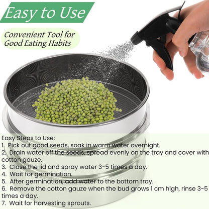 9" Stackable Stainless Steel Seed Sprouting Kit, 3-Tier Mesh Germination Tray, Sprout Grower with Lid Base, V1259-DP01-A-872