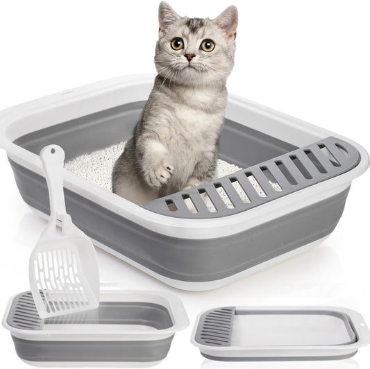 Collapsible Small Cat Litter Box, 17.7'' Open Foldable Kittens Potty with Scoop, Shallow Anti Splash Travel V1259-DP01-A-878