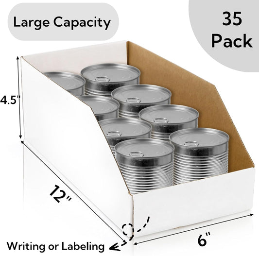 35 Pack Cardboard Storage Bins, 12" x 6" 4.5" Corrugated Open Top Box, White Pantry Shelf Organizer Bins for V1259-DP01-A-912