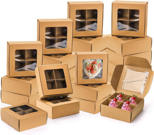40 Pack Brown Bakery Boxes with Window and Dividers, 6 x Inch Mini Pastry 4 Compartments, Kraft Treats Gift V1259-DP01-A-924