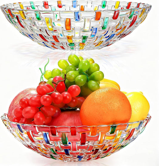 2 Pack Colorful Crystal Glass Fruit Bowls, 10" Hand Painted Woven Art Bowl, Decorative Large Plate to Display V1259-DP01-A-925