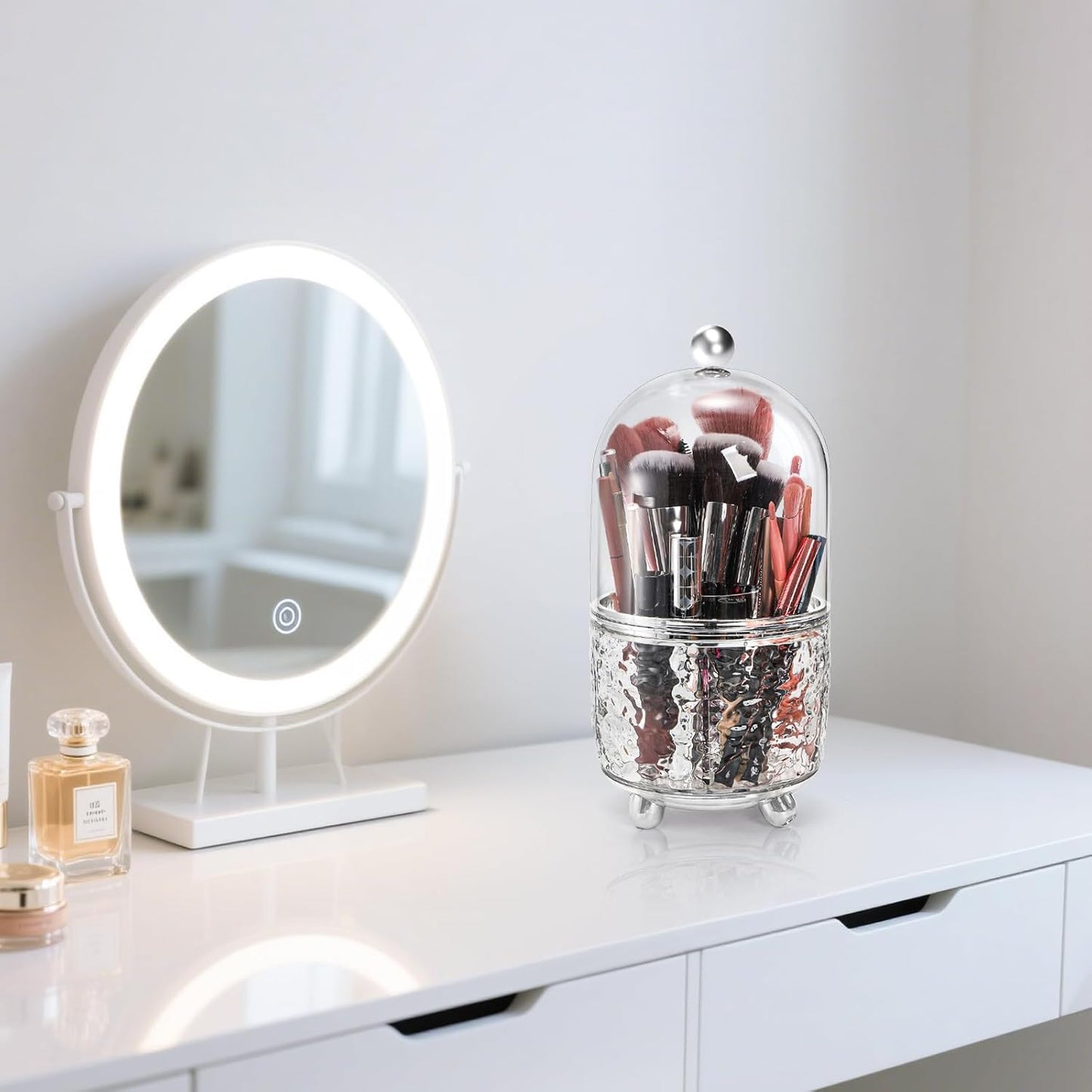 Rotating Makeup Brush Holder, Dustproof Cosmetic Tools Organizer with Lid, 360 degrees Spinning Covered V1259-DP01-A-941