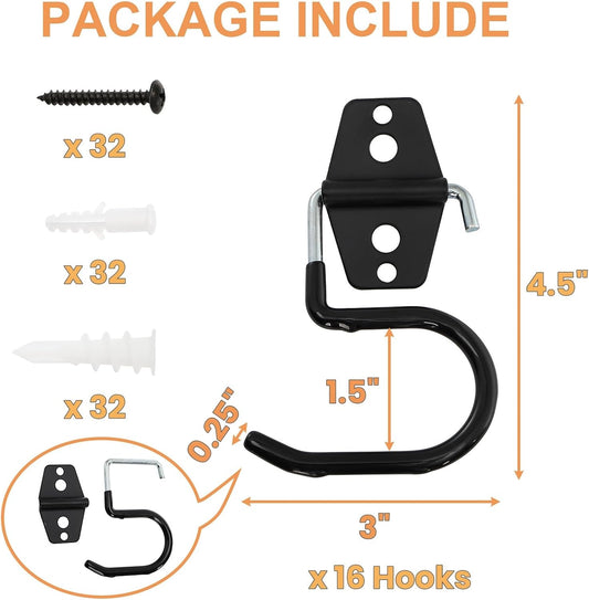 16 Pack Metal Broom Hooks, Heavy Duty Garage Holder Wall Mount, S Type Anti-Slip Mop Rack, Cleaning Tools V1259-DP01-A-960