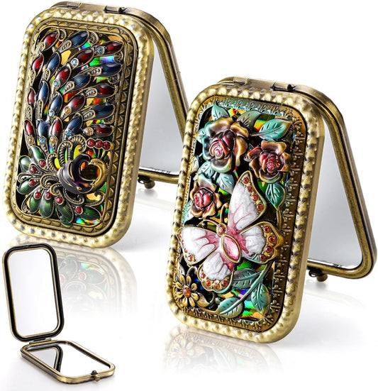 2 Pcs Vintage Foldable Makeup Mirror, Portable Cosmetic Pocket Double Sided Butterfly Peacock Vanity Metal V1259-DP01-A-970