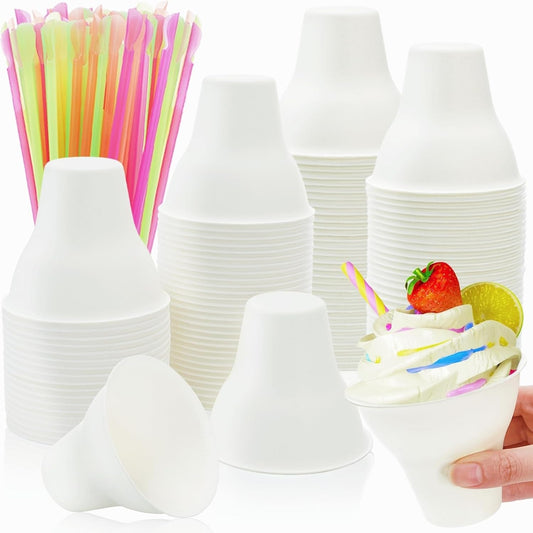 100 Pack Snow Cone Cups and Straws, 12 OZ Paper Cup with Colorful Spoon Straw, Leak-proof Shaved Ice Holder, V1259-DP01-A-988