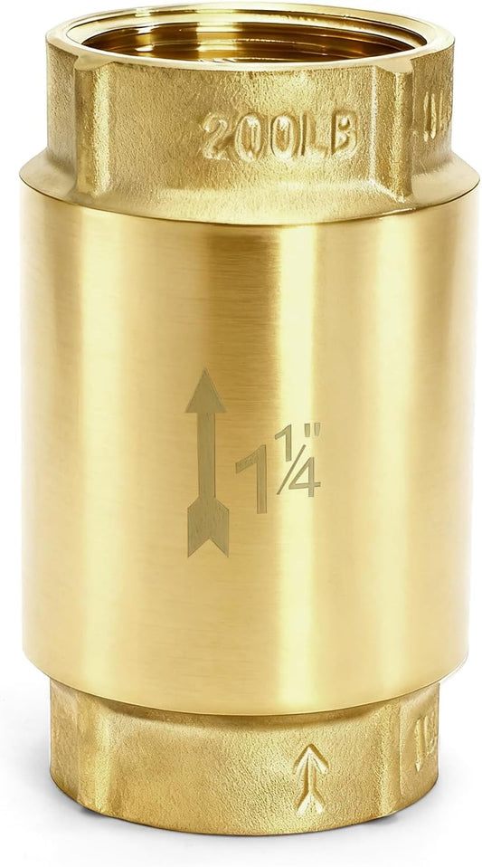 1-1/4 Inch Brass Check Valve, Universal One Way In Line Valves with Backflow Prevention, No Return Female V1259-DP01-A-990