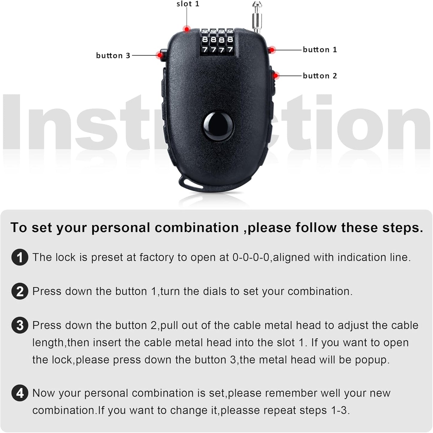 Snowboardslot - 4-position combination 27.5 inch - retractable cable lock - for snowboards, bikes, luggage, V1259-DP01-BO-13