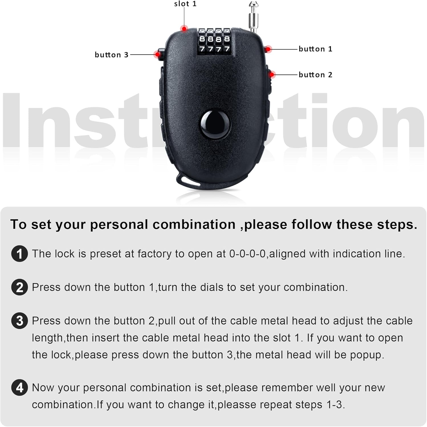 Snowboardslot - 4-position combination 27.5 inch - retractable cable lock - for snowboards, bikes, luggage, V1259-DP01-BO-13
