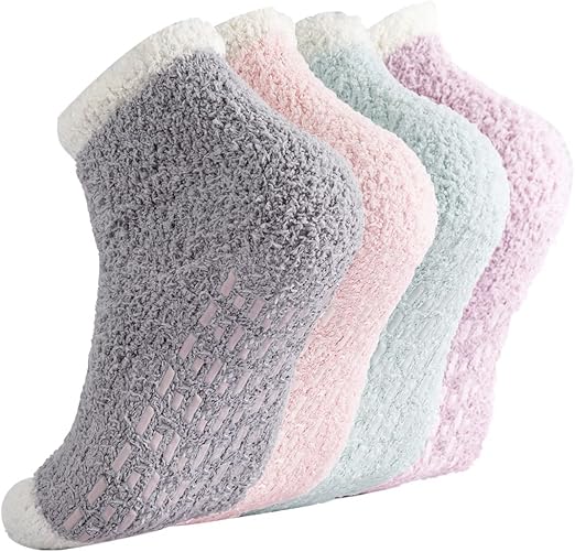 Non-slip socks - Coral fleece socks - with grip - lint-free - suitable for ladies - 4 pairs - gift V1259-DP01-BO-132