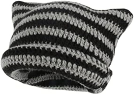 Kitten Hat - Cat Ear Hat - Black, White and Grey - Knitted Beanie - Rimless Beanie - Vintage - Ladies' V1259-DP01-BO-149