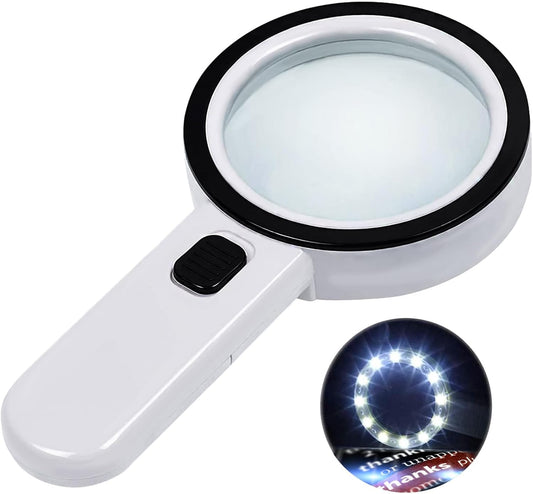 Magnifying glass with 12 LED lights - 30x double glass lens - hand-held illuminated magnifier Suitable for V1259-DP01-BO-166