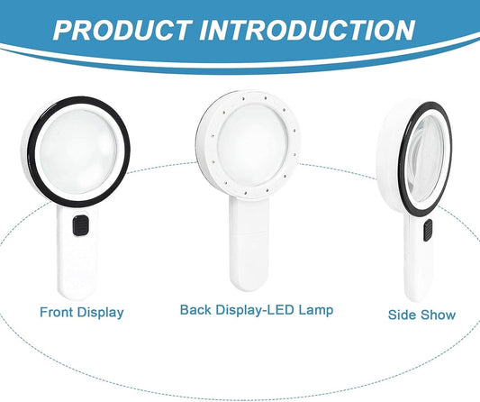 Magnifying glass with 12 LED lights - 30x double glass lens - hand-held illuminated magnifier Suitable for V1259-DP01-BO-166
