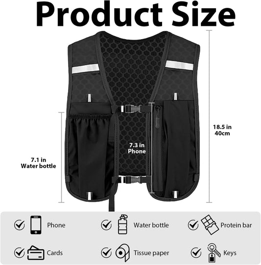 Unisex running vest with phone holder and storage space - adjustable hydration vest - lightweight and V1259-DP01-BO-181